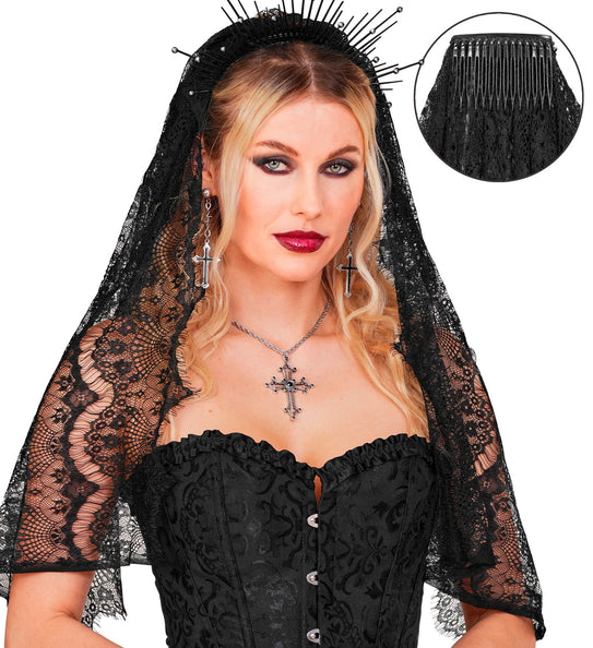 Sluier zwart kant voor dames, doorschijnend bloemkant tot over de schouders, voor Halloween