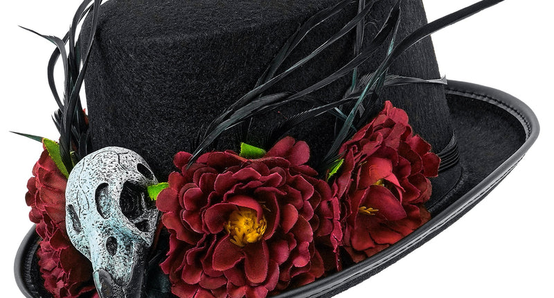 Hoge hoed voodoo gier schedel en bloemen vooraanzicht – hoeden