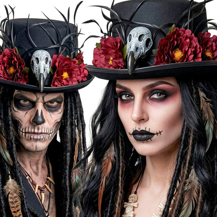Hoge hoed voodoo gier schedel en bloemen detailopname – hoeden