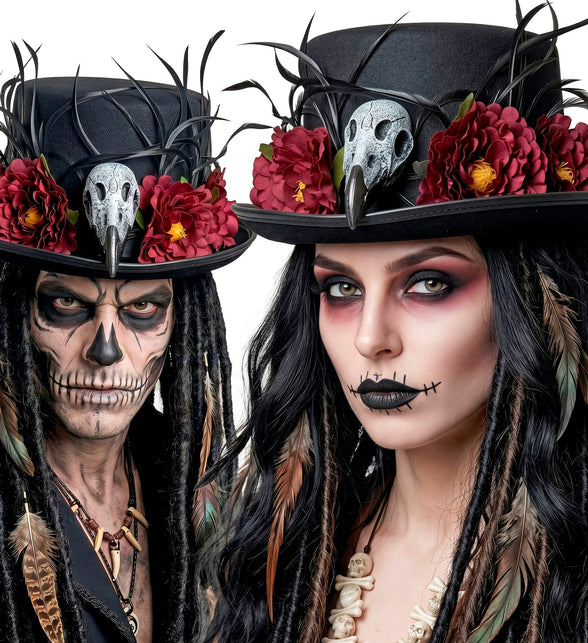 Hoge hoed voodoo gedragen door dame en heer met schedelschmink voor Halloween