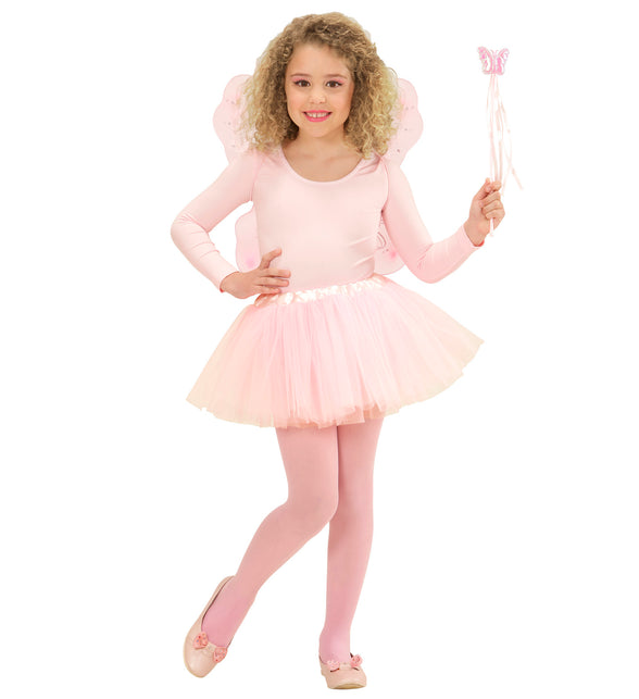 Roze fee verkleedset close-up, tutu met vleugels detail