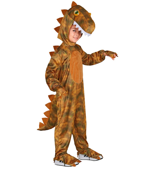 T-Rex jumpsuit jongens zijaanzicht met schubbenprint en oranje stekels over rug en staart