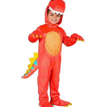 Dinosaurus jumpsuit voor jongens vooraanzicht met klauwhandschoenen en oranje buikpaneel