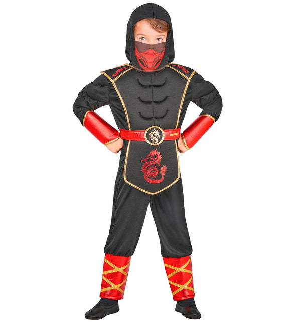 Ninja kostuum jongens zwart met rode draak, capuchon en gezichtsmasker voor verkleedfeest