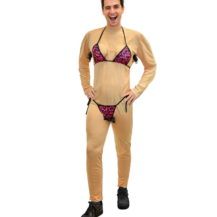 Huidkleurige stripper jumpsuit heren met lange mouwen en zwarte strikbandjes bij de heupen