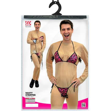 Verpakking van de gemene stripper jumpsuit heren met jumpsuit en bikini in maat S tot XXL