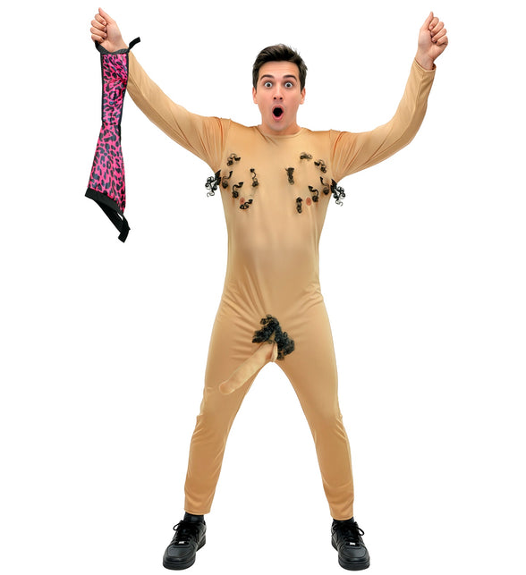 Stripper jumpsuit heren van voren met nepgeslachtsdeel en losgehouden roze luipaard underpants