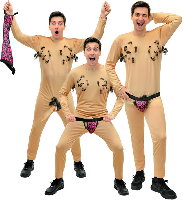 Gemene stripper jumpsuit heren in huidkleur met nepborsthaar en roze luipaard slip, drie draagstanden