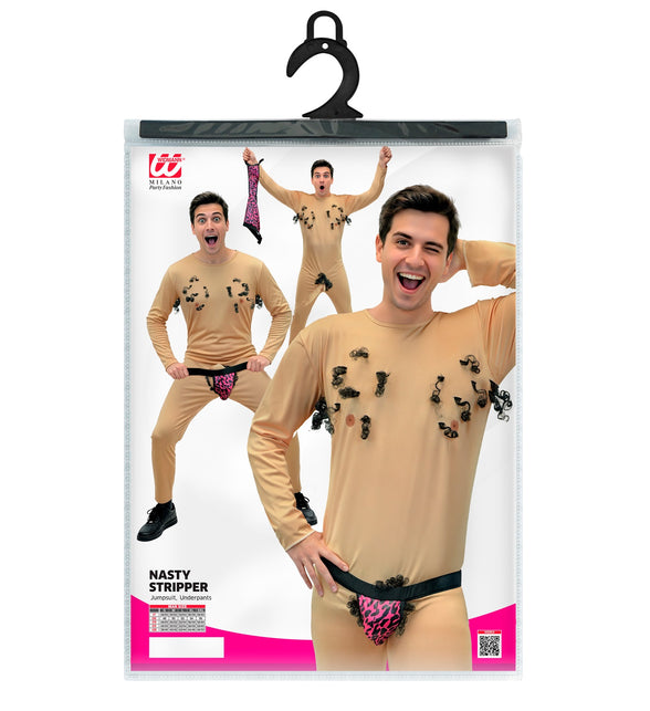 Verpakking van de gemene stripper jumpsuit met underpants voor heren, met maattabel S tot XXL