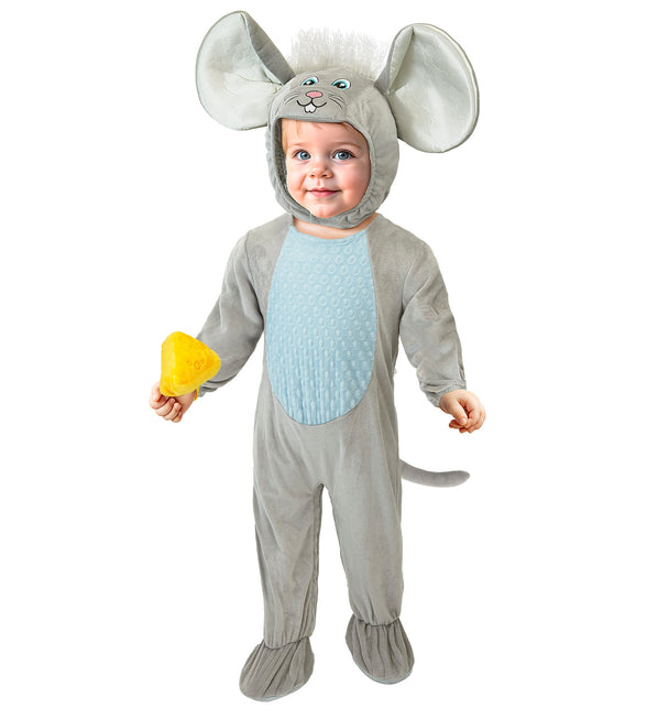 Muis jumpsuit kinderen vooraanzicht met aangezette voetjes en staart aan de achterkant
