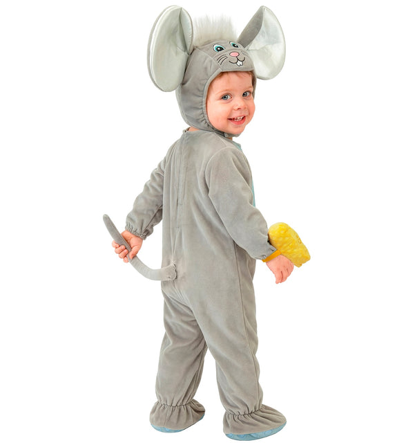 Muis jumpsuit kinderen van achteren met rugsluiting en lange grijze muizenstaart