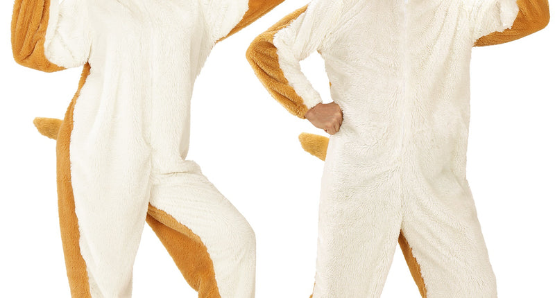 Pluche bulldog pak volwassenen, zachte hond onesie met kap vooraanzicht