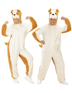Pluche bulldog pak volwassenen, zachte hond onesie met kap vooraanzicht