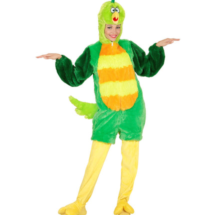 Groene vogel pluche kostuum achterkant, zachte vogel onesie met masker