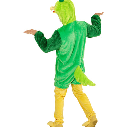 Groene vogel pluchepak close-up, zachte vogel onesie detail met masker