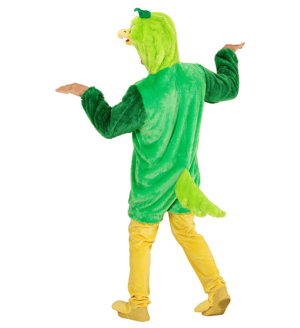Groene vogel pluchepak close-up, zachte vogel onesie detail met masker