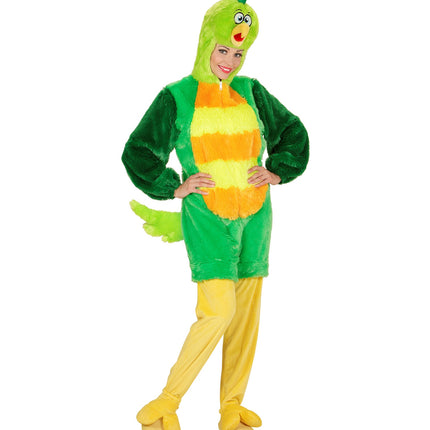 Groene vogel pluchepak gedragen, zachte dieren onesie kostuum volwassenen