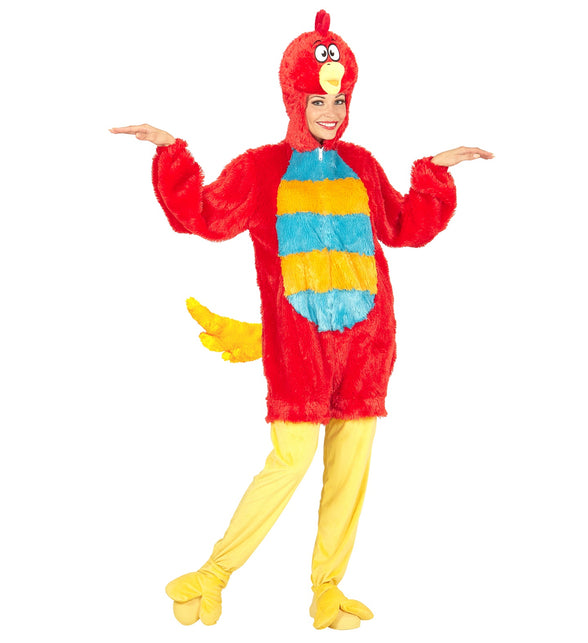 Rode vogel pluche kostuum achterkant, zachte dieren onesie met kap