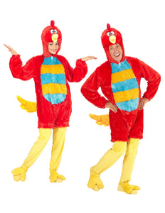 Rode vogel pluche pak volwassenen, zachte dieren onesie met kap vooraanzicht