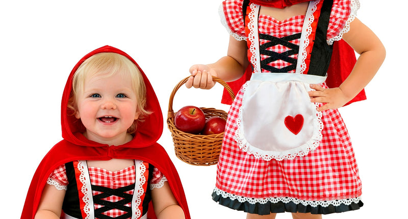 Rode capelet jurk voor meisjes, rood-wit geruit met wit schortje en rode capuchon, twee maten