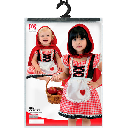 Verpakking rode capelet jurk voor meisjes met maten 80, 98 en 104 cm