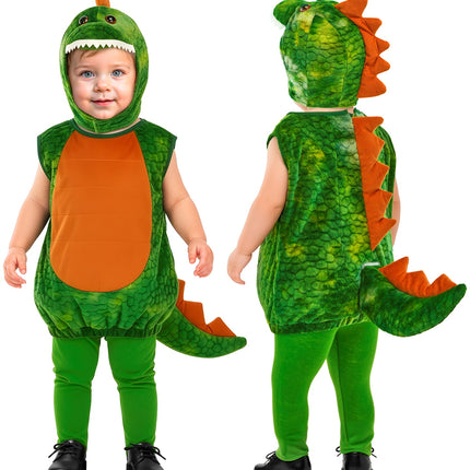 Dinosaurus kostuum jongens voor- en achterkant met oranje rugkam en dikke staart