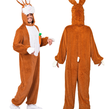 Konijn in zacht pluche jumpsuit voor volwassenen detailopname – verkleedkleding
