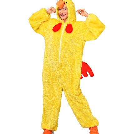 Kuiken in zacht pluche jumpsuit voor volwassenen achterkant – verkleedkleding