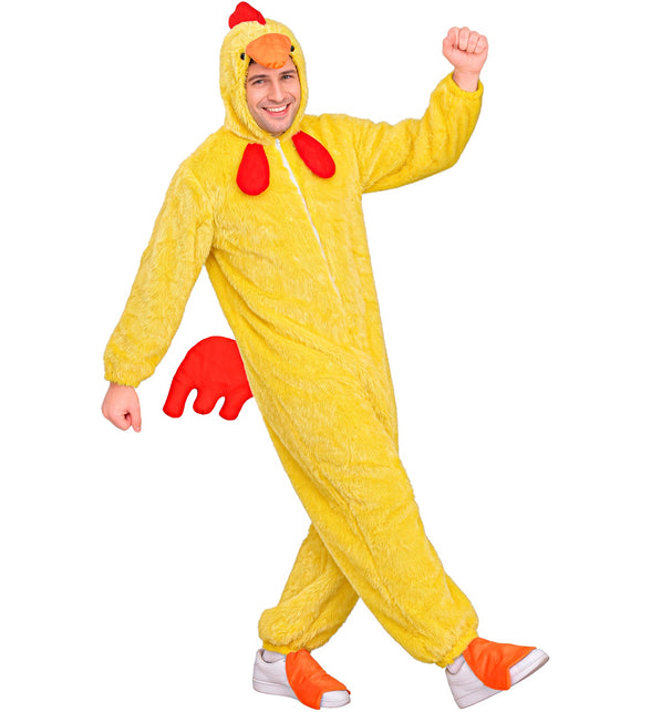 Geel kuikenpak heren zijaanzicht met rood staartje en oranje pootovertrekken
