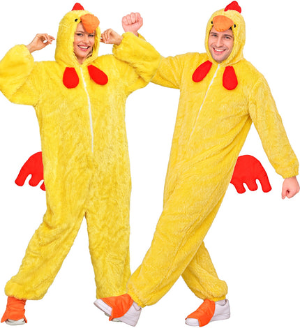 Kuiken in zacht pluche jumpsuit voor volwassenen vooraanzicht – verkleedkleding
