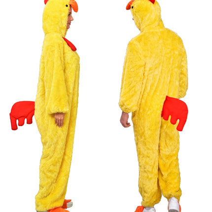 Kuiken in zacht pluche jumpsuit voor volwassenen detailopname – verkleedkleding