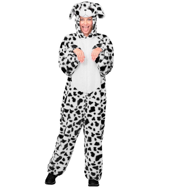 Dalmatier jumpsuit dames met slappe hondenoren en zwarte vlekken, voor carnaval