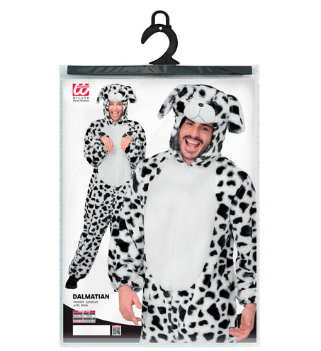 Verpakking dalmatier jumpsuit met hondencapuchon en masker, maten M tot XL