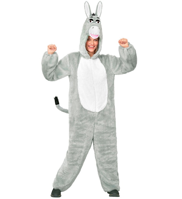 Grijze ezel jumpsuit dames met capuchon met ezelskop en witroze snuit