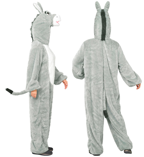 Achterkant ezel jumpsuit met staart en donkere manenstreep over de capuchon