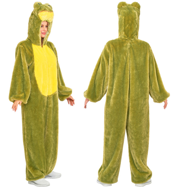 Kikker jumpsuit voor- en achterkant, effen groene pluche rug met kikkerkop op de capuchon