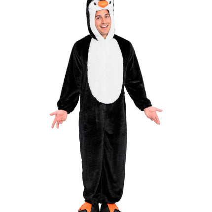 Pinguin in zacht pluche jumpsuit voor volwassenen zijaanzicht – verkleedkleding