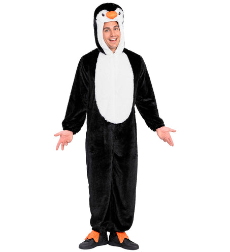 Pinguin onesie heren met capuchon met oranje snavel en rits aan de voorkant