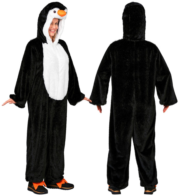 Pinguin pluche jumpsuit voor- en achterkant, volledig zwarte rug met capuchon