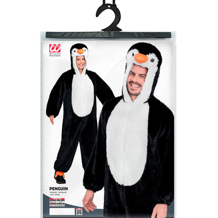 Pinguin in zacht pluche jumpsuit voor volwassenen sfeerbeeld – verkleedkleding