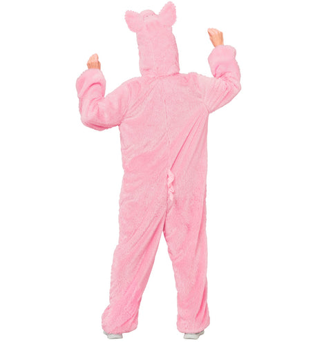 Achterkant varkenspak roze pluche met krulstaart en capuchon met varkensoren