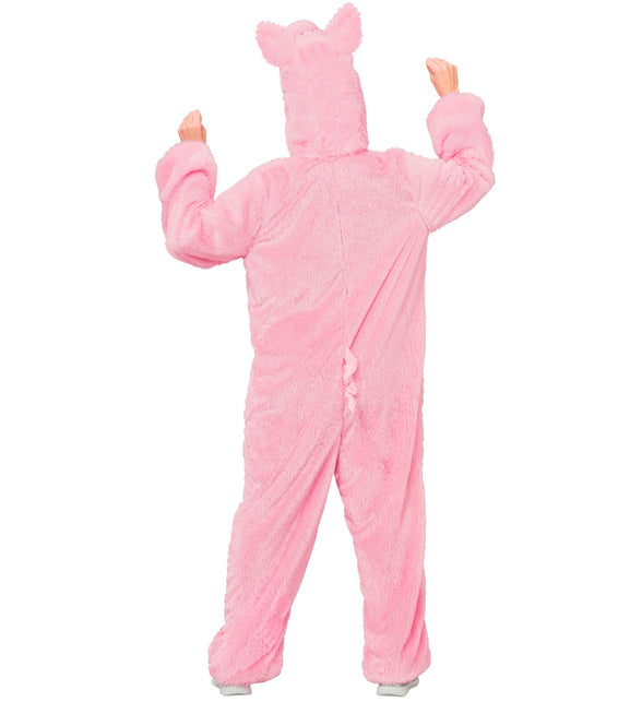 Achterkant varkenspak roze pluche met krulstaart en capuchon met varkensoren