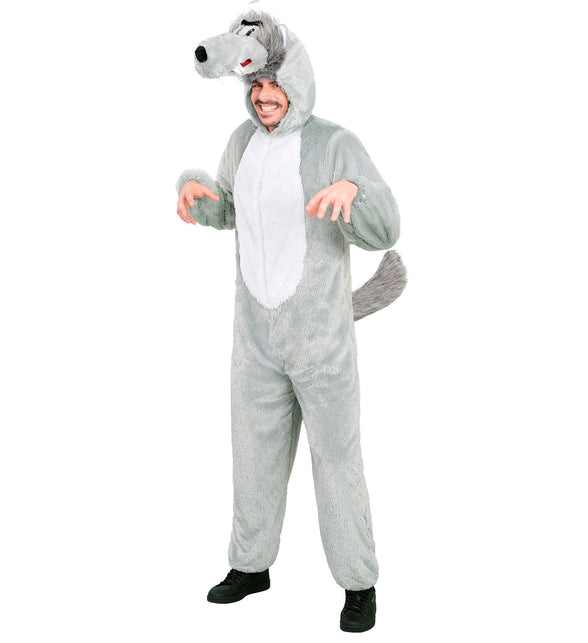 Wolf jumpsuit heren met voorsluiting, pluizige grijze staart en wolfskop met hoektanden