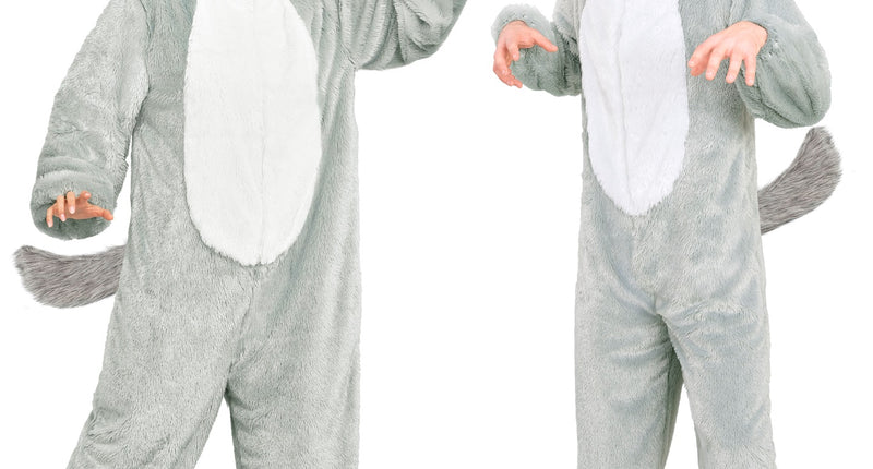Wolf in zacht pluche jumpsuit voor volwassenen vooraanzicht – verkleedkleding