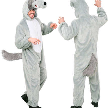 Wolf in zacht pluche jumpsuit voor volwassenen detailopname – verkleedkleding
