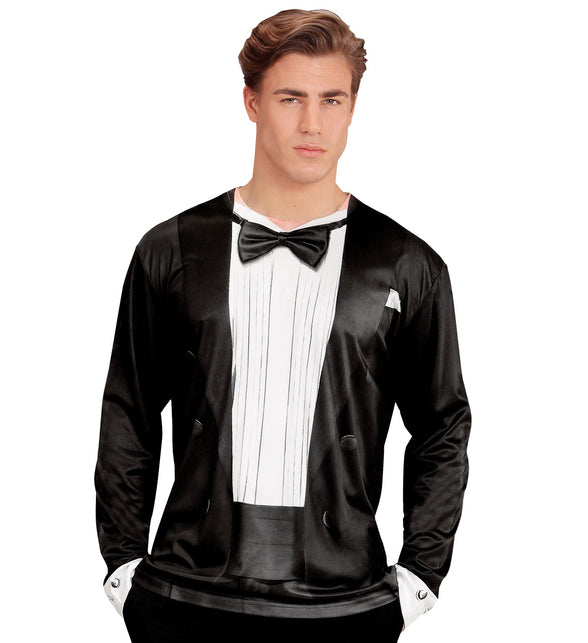 3D smoking shirt met strik fotoprint, nep smoking verkleedshirt heren vooraanzicht