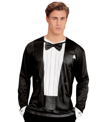 3D smoking shirt met strik fotoprint, nep smoking verkleedshirt heren vooraanzicht