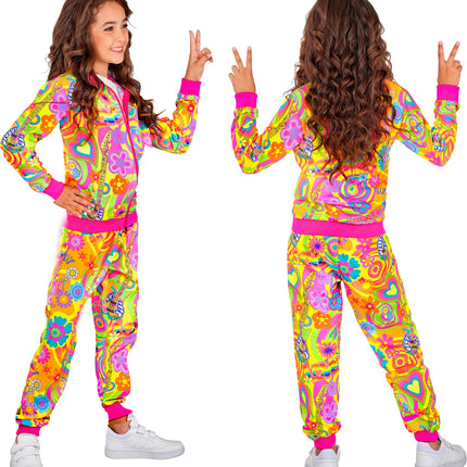 Neon groovy love hippie party fashion trainingspak colbert voor kinderen detailopname – verkleedkleding
