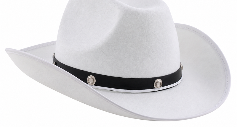 Witte cowboyhoed Glenn met zwarte hoedband en ronde studs, voor een westernfeest