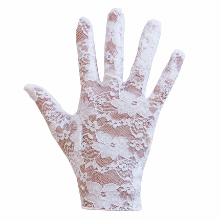 Kanten handschoenen wit met doorschijnend bloemmotief over handrug en vingers, voor een themafeest